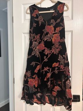 ECI Black Velvet Floral High-Low Dress with Orange Rust Blooms